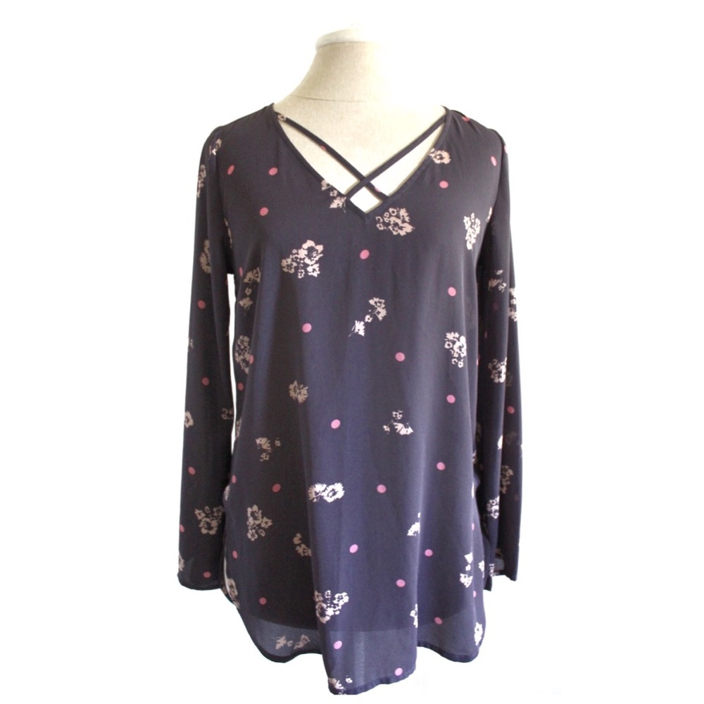 Express Cross Front Floral Dot Swing Long Sleeve Dressy Top XS Preowned